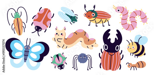 Doodle insects. Cartoon caterpillar, worm, beetle and butterfly. Funny spider and ant, fly and ladybug. Nature dwellers, lives in forest. Children mascots, racy vector set