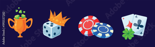 Cartoon gambling icons. Casino symbols, lucky clover, golden cup with diamonds, gaming chips, cube. Online gaming app elements, victory, win, vector clipart