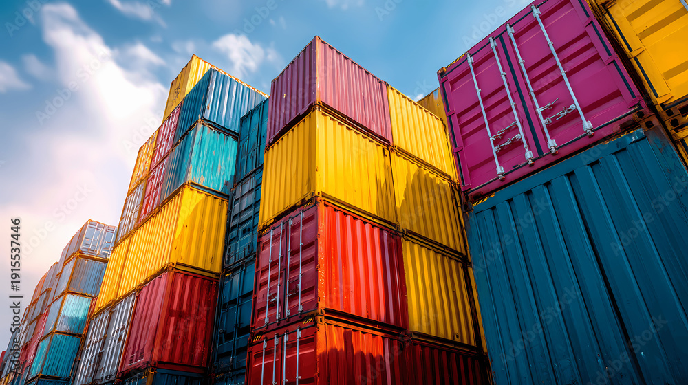 Fototapeta premium Stacked Shipping Containers in Harbor