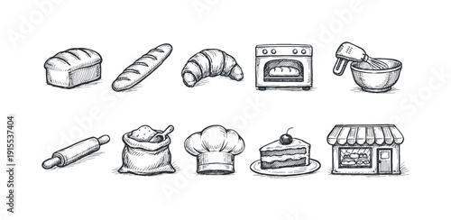 Bakery and cooking sketch icon set. Hand-drawn kitchen, baking icons collection
