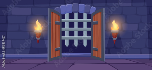 Iron grate and open door in medieval dungeon. Castle or palace underground area, fortress prison. Stone wall with fire torches, vector background
