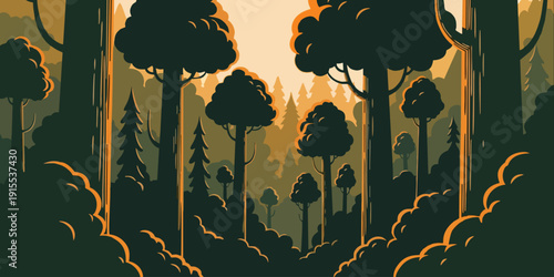 Atmospheric woodland scene with animals and dark green tones. Perfect for fantasy landscape, wildlife habitat, storytelling, eco concept, and nature background design.