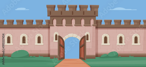 Open gates door in medieval stone wall. Fairytale background, kingdom, castle doors. Cartoon old time decorative architectural element, vector design