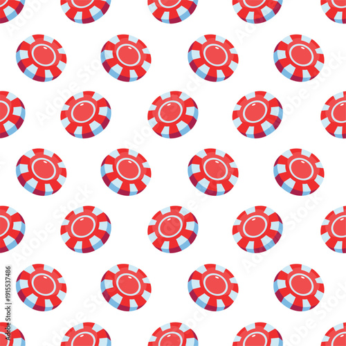 Red gaming chips seamless pattern. Gambling games symbols, casino, lucky chip. Decorative print for design fabric or textile, wallpaper, vector background