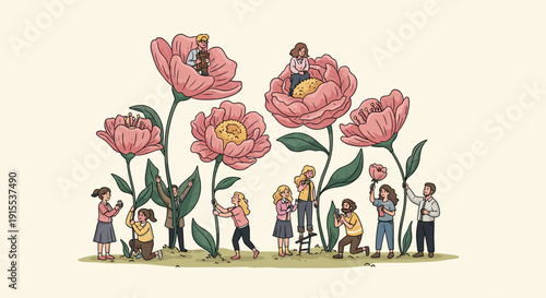 Miniature people interact playfully with giant pink flowers in a whimsical garden, observing and photographing the blooms.