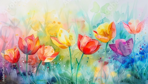 Vibrant watercolor illustration of colorful flowers blooming in a sunny garden setting with a soft abstract background
