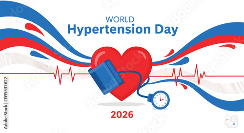 A medical graphic banner for World Hypertension Day 2026 features a large red heart with a blood pressure cuff.