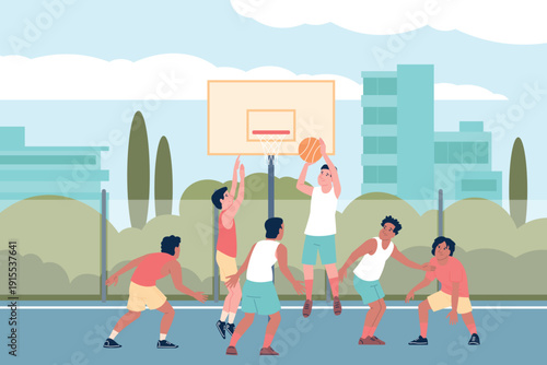 Outdoor basketball match. Male athletes workout, street game championship or tournament. Men team in uniform play with ball, recent vector scene