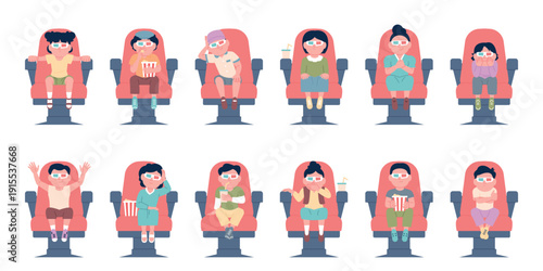 Children in cinema. Toddlers in 3d glasses sitting on movie theater chairs, eating popcorn and drinking soda. Kids watching tv, cartoon, show, recent vector characters
