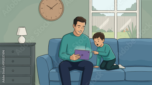 Father and young son sitting on blue sofa using purple tablet together in living room at home, vector illustration