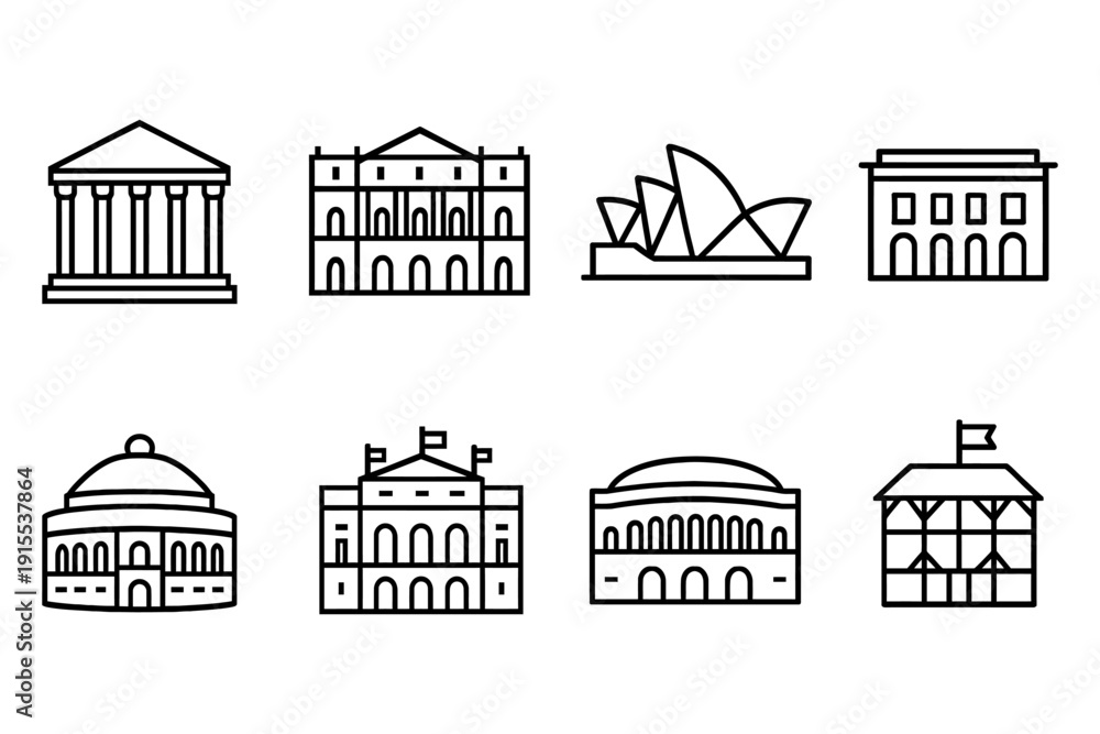 Naklejka premium Iconic architectural landmarks vector set featuring global buildings, vector illustration
