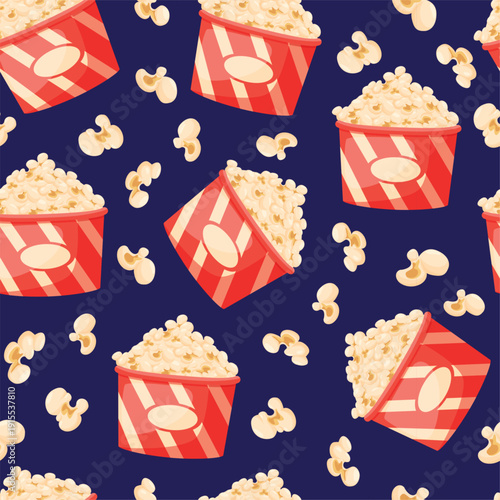 Popcorn seamless pattern. Red striped popcorn bucket and kernels. Cinema snack, movie watching food. Print for fabric, textile, wallpaper, nowaday vector background