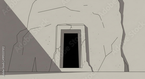 Ancient stone entrance with rectangular doorway and cracked wall under dramatic shadow mysterious atmosphere