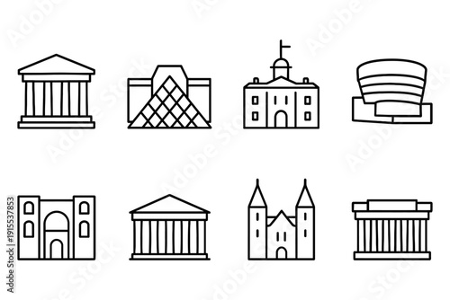 Icon collection of famous museums and historical buildings, vector illustration