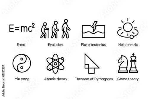 Iconic scientific theories and concepts illustration featuring evolution, atomic theory, and more, vector illustration