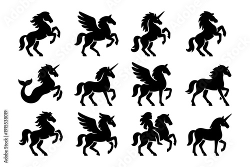 Elegant unicorn and pegasus silhouettes collection with mythical creatures