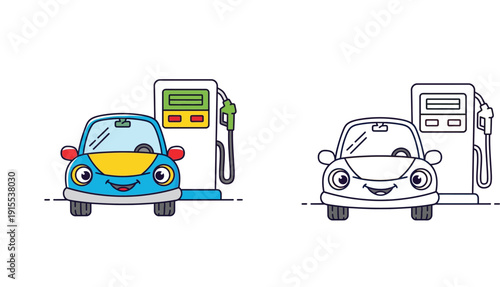 Cute cartoon car character refueling at gas station pump with black and white coloring book line art vector illustration for kids