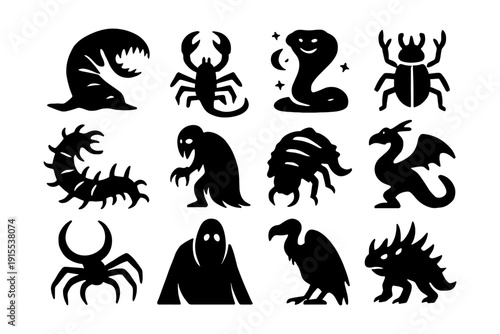 Silhouette collection of mythical and creepy creatures in black and white