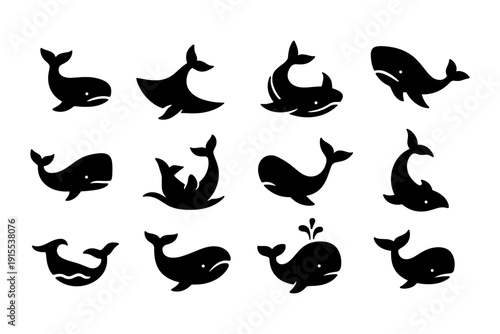Collection of whale silhouettes in various poses on white background