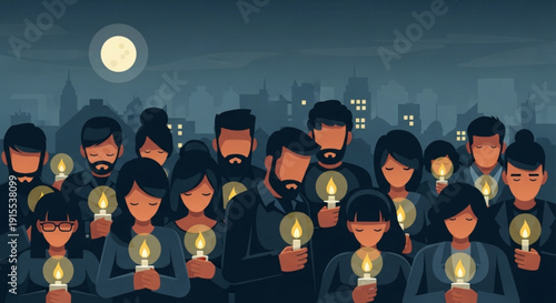 Diverse crowd holding lit lightbulbs at night with cityscape background and full moon