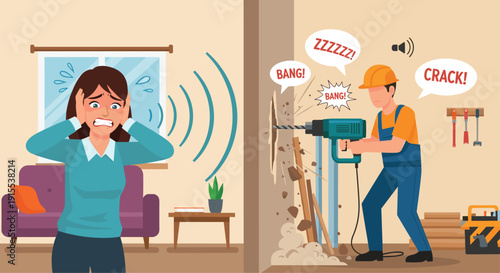 Stressed woman covering ears from loud construction noise next door with a man drilling into a wall.