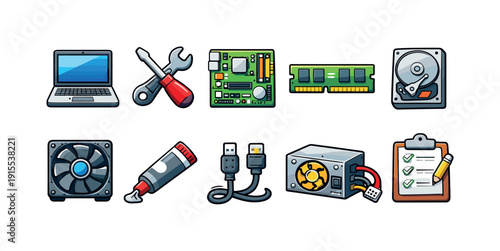 Computer hardware flat icon set for repair and maintenance. Pc components flat collection