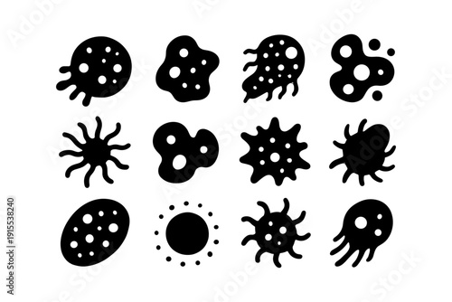 Abstract collection of organic blob shapes with circular patterns in black silhouette style