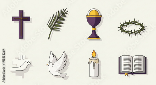 Christianity symbols collection including cross palm leaf holy grail crown of thorns doves candle and bible on beige background