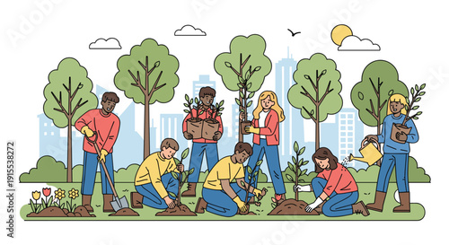 Diverse group of people planting trees and watering plants in a park with a city skyline backdrop.