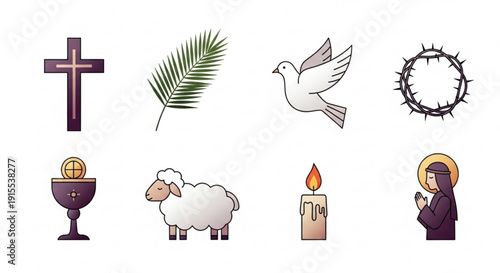 Christianity symbols collection with cross dove palm leaf crown of thorns chalice sheep candle and praying figure on white background