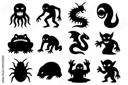 Terrifying silhouette monsters: assorted creepy creature icons for halloween designs