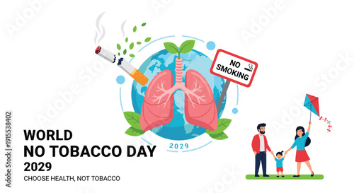 World No Tobacco Day 2029 banner with lungs, a smoking cigarette, and a family playing outdoors.
