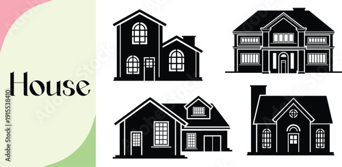 Modern Residential House Architecture Vector Set Silhouette Style Home Exterior Design
