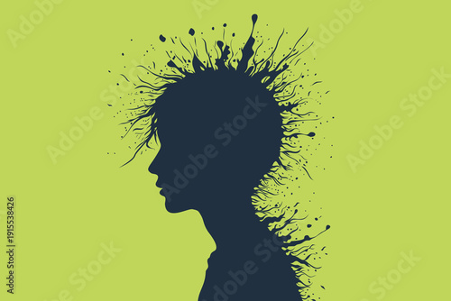 Dark silhouette of boy with paint splatter bursting from head symbolizing creativity, imagination and artistic mind on green background, abstract vector art