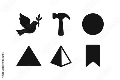 Minimalist silhouette icons: peace, tools, and shapes collection