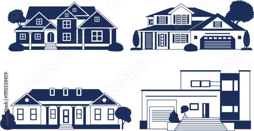Modern Residential House Architecture Vector Set Silhouette Style Home Exterior Design