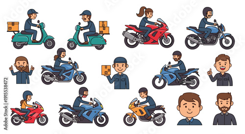 Diverse cartoon characters riding motorcycles and scooters, including delivery and casual riders.