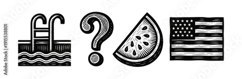 Retro engraved icons: pool, question mark, watermelon, american flag