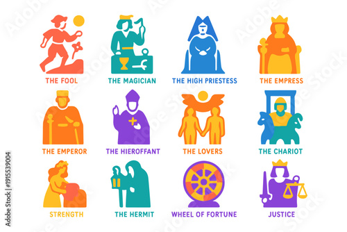 Colorful tarot card icons featuring major arcana characters in silhouette style