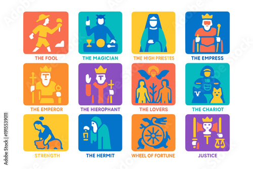 Bold tarot card icons featuring major arcana in vibrant flat style
