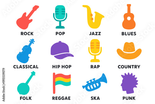 Colorful music genre icons with instruments and styles in flat design
