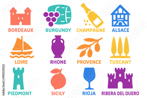 Colorful icons representing famous wine regions and symbols of europe
