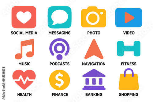 Colorful app icons set for digital media and services