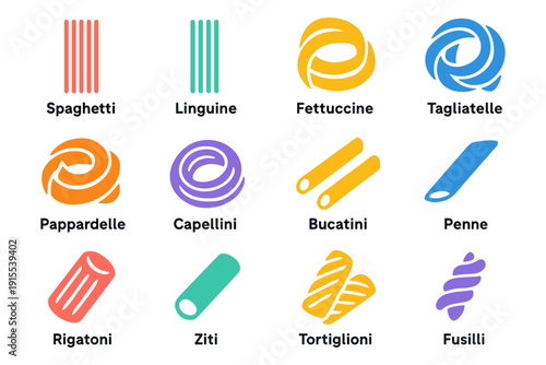 Colorful pasta types: a modern flat design showcase of italian cuisine