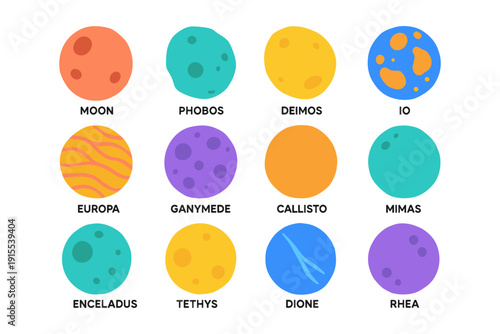 Colorful planetary moons collection with names