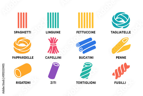 Colorful pasta types icon set with labels for culinary design