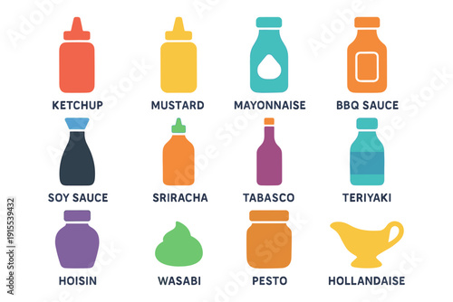 Colorful flat icons of various condiments and sauces