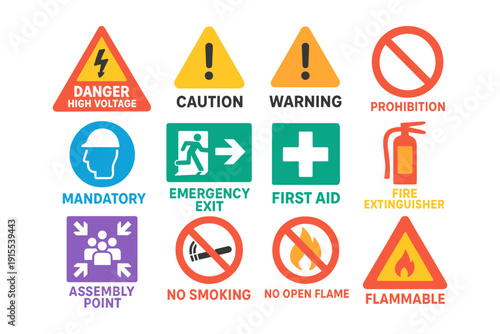 Safety and warning symbols collection for hazard indication and workplace safety