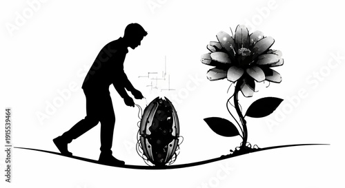 Man pushing futuristic pod towards a giant stylized flower, symbolizing growth and innovation.