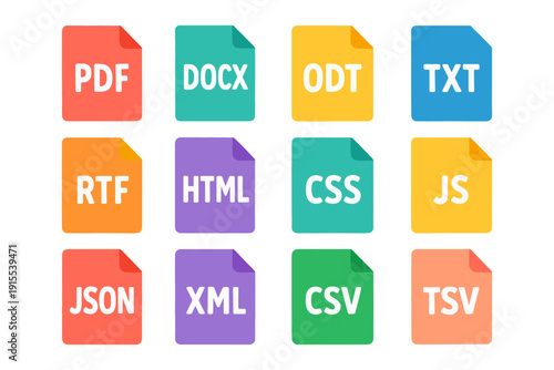 Colorful icon set of document file types in flat design style